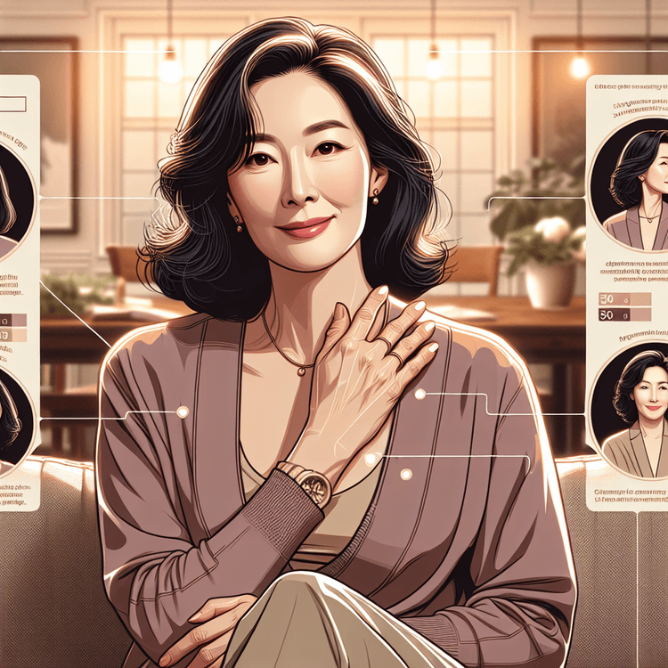 목과 어깨를 살짝 주무르며 표정을 찌푸리는 50대 여성이 소파에 앉아 있는 모습