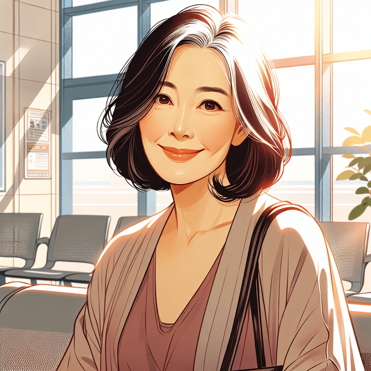 햇살이 드는 병원 대기실에서 잔잔히 앉아 있는 50대 여성