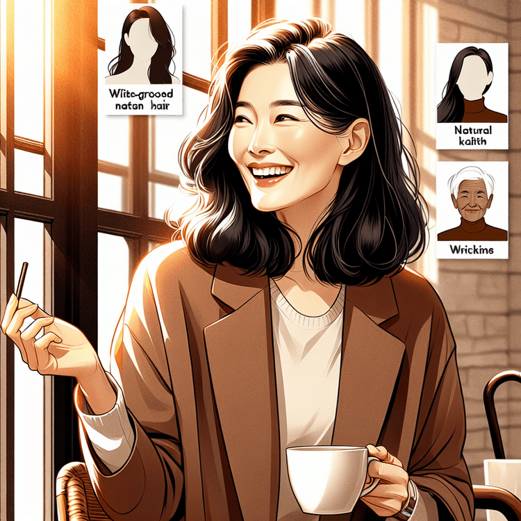 차 한 잔을 들고 창가에서 여유롭게 웃는 중년 여성