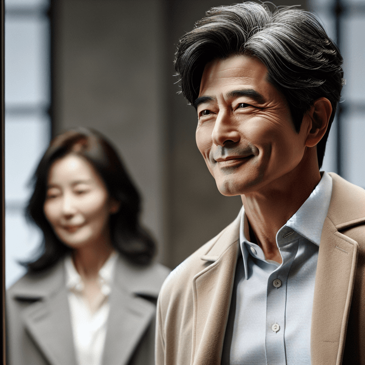 거울 앞에서 자신의 얼굴을 바라보며 생각에 잠긴 50대 여성