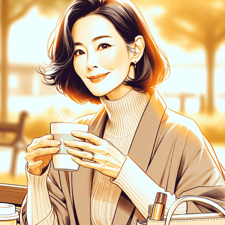 공원 벤치에서 따뜻한 차를 마시며 여유롭게 쉬는 중년 여성