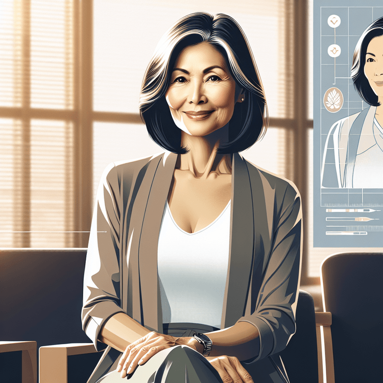 건강검진 대기실에서 차분하게 앉아 있는 50대 여성