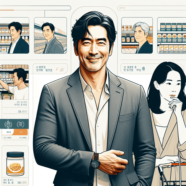 마트 식품 코너에서 성분표를 꼼꼼히 읽는 50대 여성